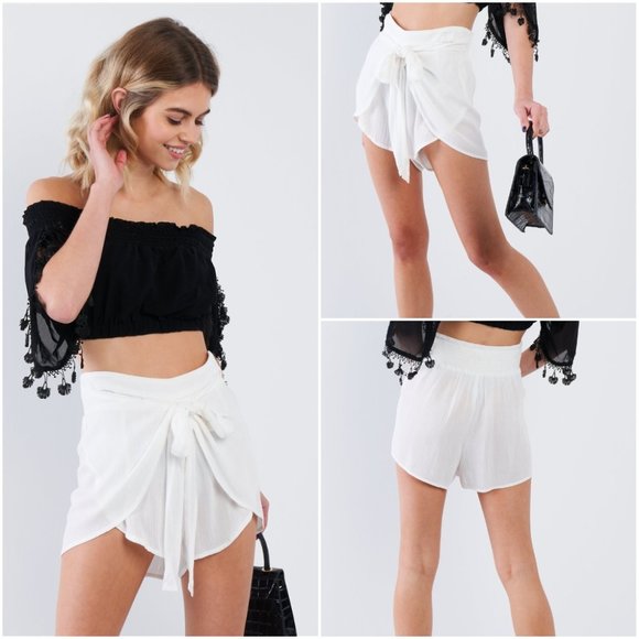 Trend Setter Diva Boutique Pants - Off-White Boho Chic Wrap Sheer Mini Shorts
